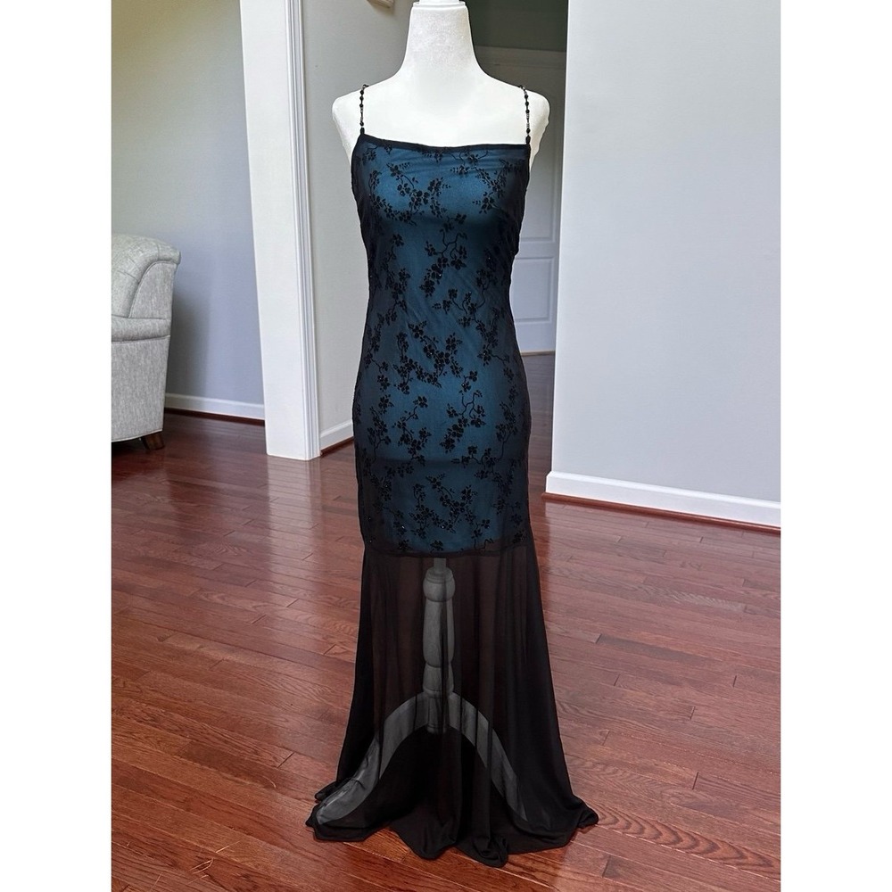 Sabora USA Vintage Y2K Gothic Mesh Glitter Black Blue Maxi Dress - Picture 10 of 11
